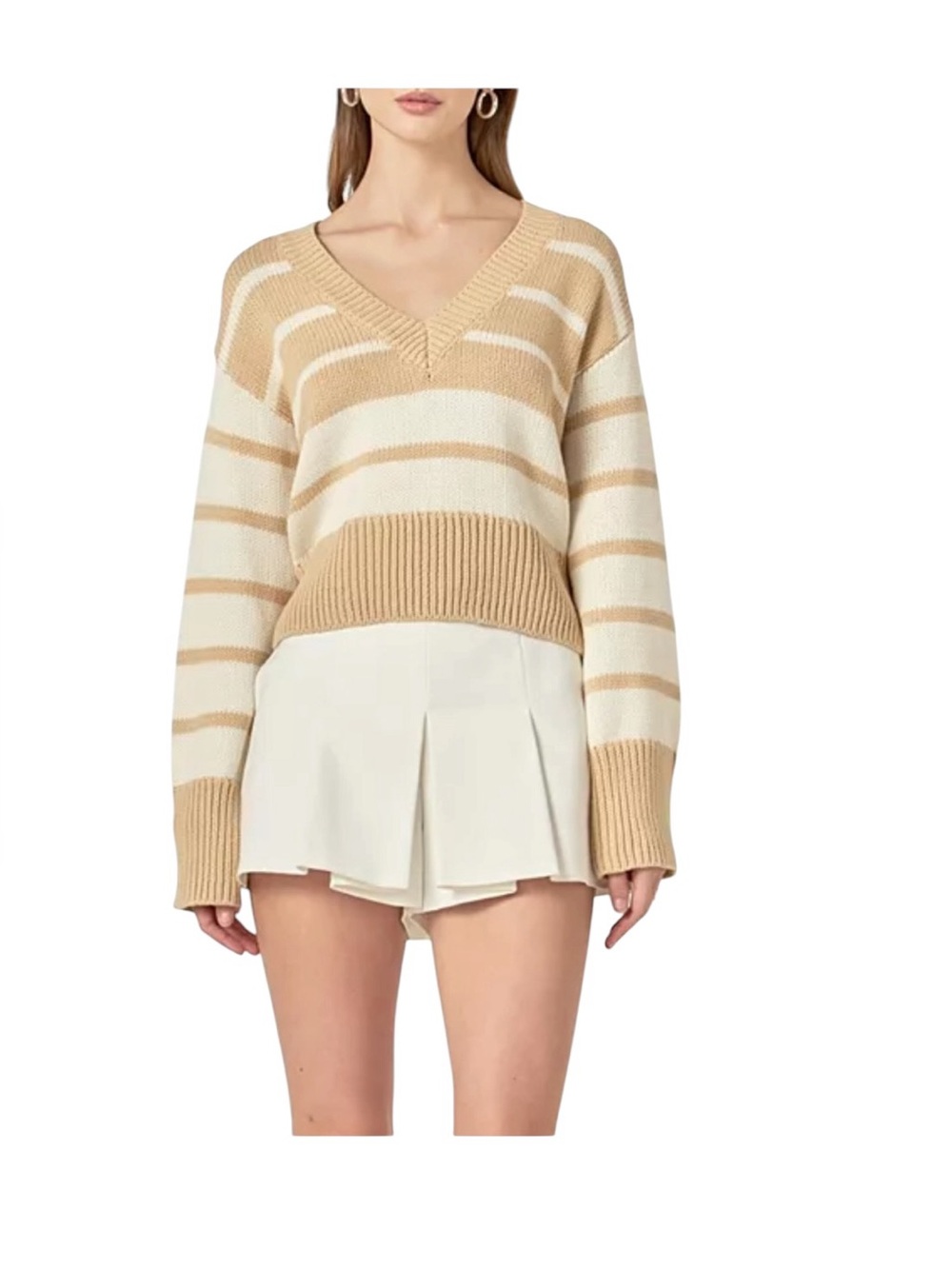 NWT English Factory Striped V-Neck Knit Sweater in Beige & Cream - Size Small